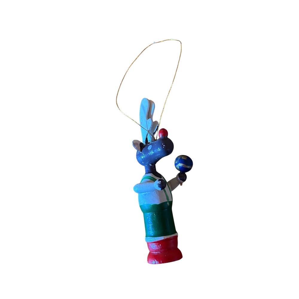 Vintage Wooden Reindeer Christmas Ornament Holding Blue‎ Ball & Maraca